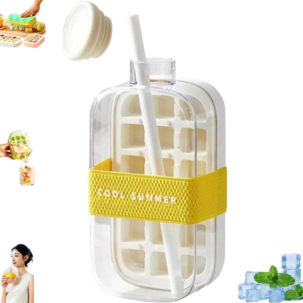 2-in-1 Ice Cube Water Bottle - Freeze & Sip with Touch-Free Release with Lid, Straw & Ice Bin - Dual Size and 3 color Options.