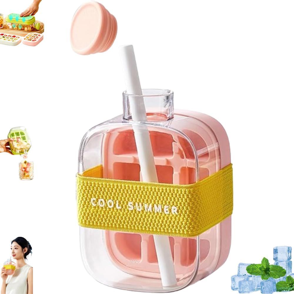 2-in-1 Ice Cube Water Bottle - Freeze & Sip with Touch-Free Release with Lid, Straw & Ice Bin - Dual Size and 3 color Options.