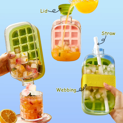 2-in-1 Ice Cube Water Bottle - Freeze & Sip with Touch-Free Release with Lid, Straw & Ice Bin - Dual Size and 3 color Options.