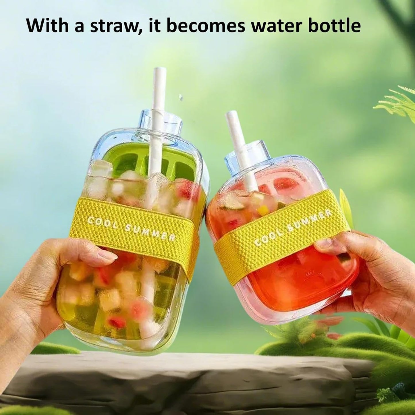2-in-1 Ice Cube Water Bottle - Freeze & Sip with Touch-Free Release with Lid, Straw & Ice Bin - Dual Size and 3 color Options.
